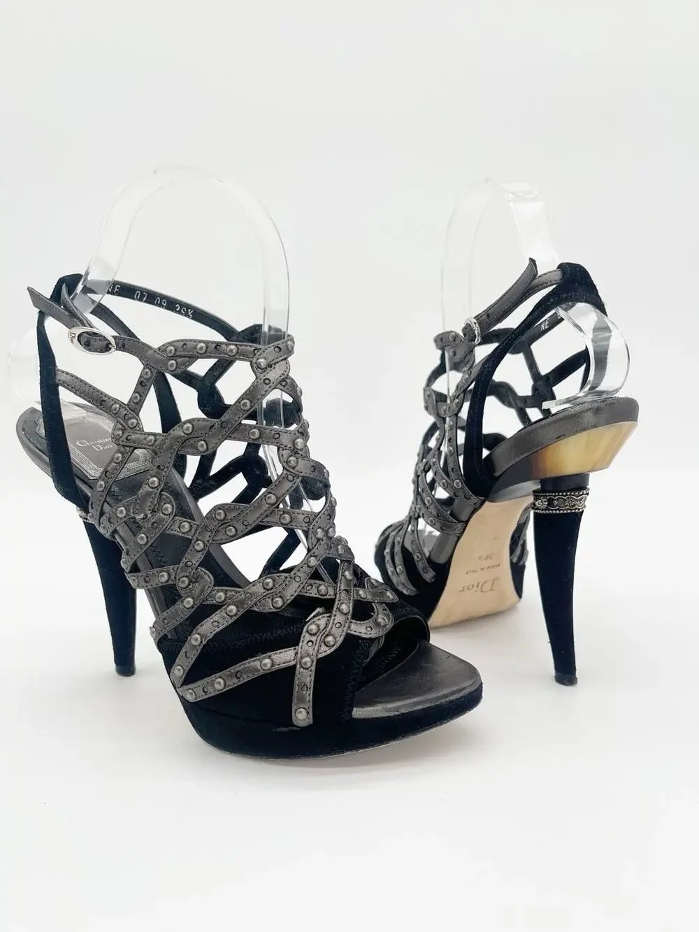 Dior Fall 2009 Runway Galliano Gunmetal Black Studded Caged Sandals EU 36.5